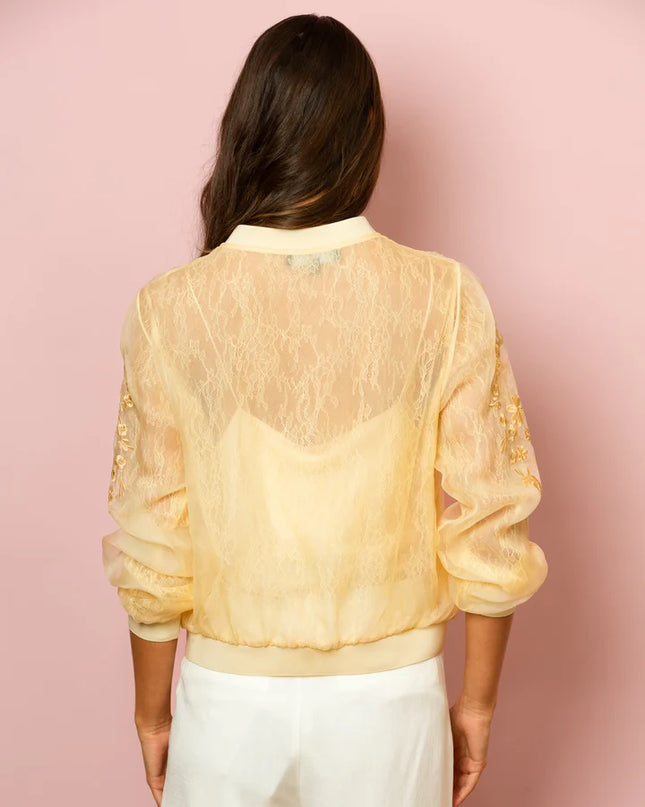 Iris Tulle Lace Combo Bomber Jacket In Champagne