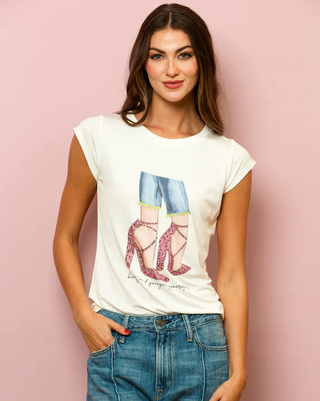 100% Cotton T-Shirt with Rhinestone Embellished Shoes Print