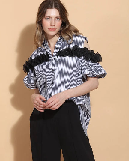Cold Shoulder Button Down Cotton Blouse