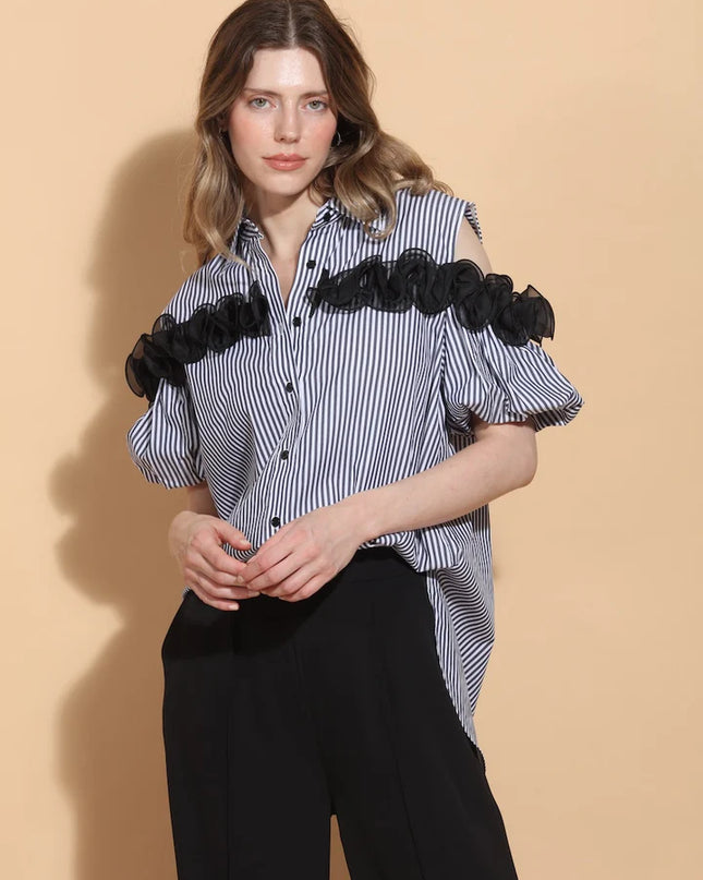 Cold Shoulder Button Down Cotton Blouse