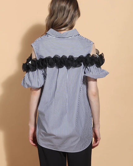 Cold Shoulder Button Down Cotton Blouse