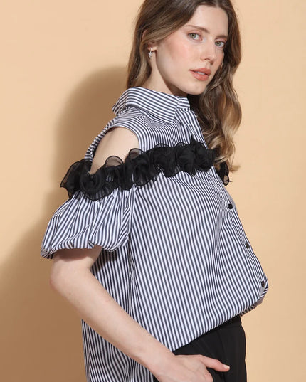 Cold Shoulder Button Down Cotton Blouse