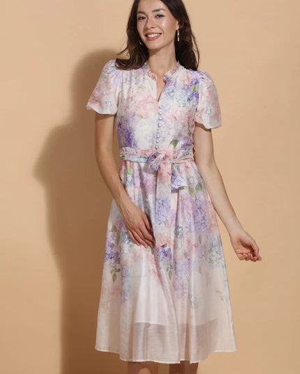 Floral Print Linen Dress with Balloon Sleeves