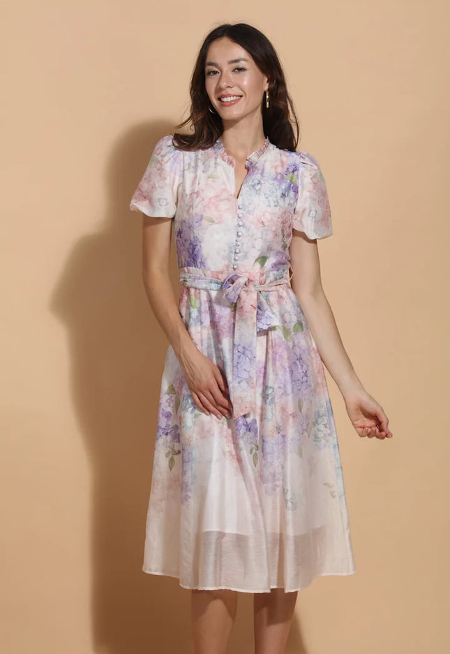 Floral Print Linen Dress with Balloon Sleeves
