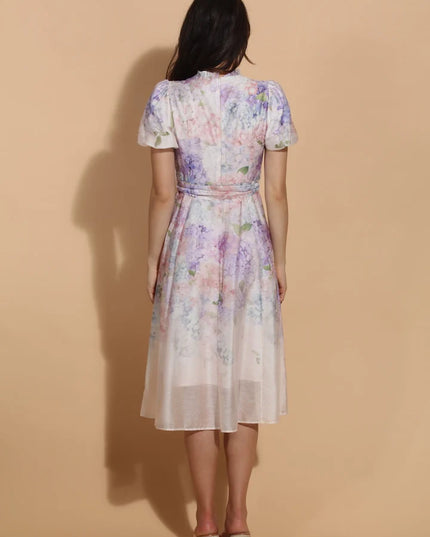 Floral Print Linen Dress with Balloon Sleeves