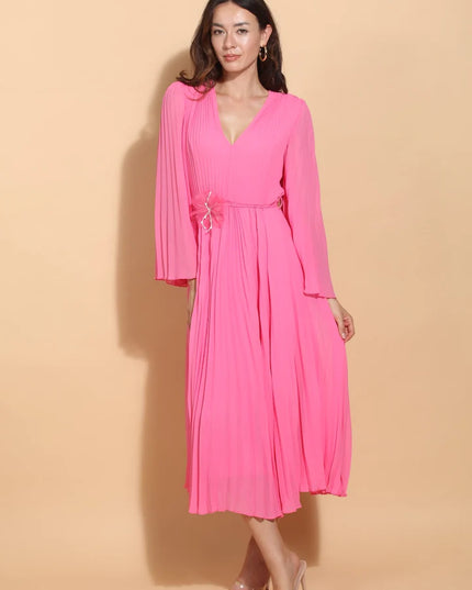Pleated Midi Dress with Flower Waist Tie in Pink