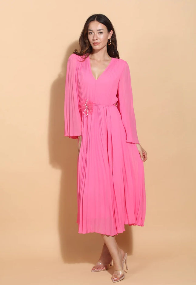 Pleated Midi Dress with Flower Waist Tie in Pink