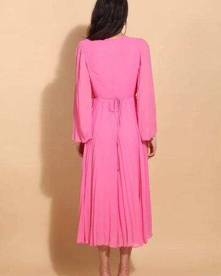 Pleated Midi Dress with Flower Waist Tie in Pink