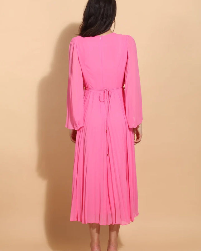 Pleated Midi Dress with Flower Waist Tie in Pink