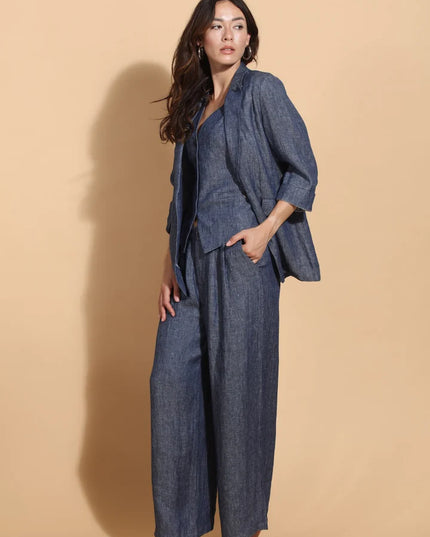 Indigo Linen Twill Wide Leg Pants