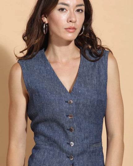 Indigo Linen Twill Vest With Adjustable Waist
