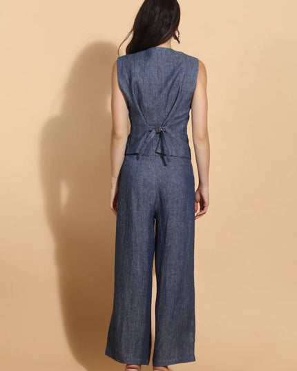 Indigo Linen Twill Vest With Adjustable Waist