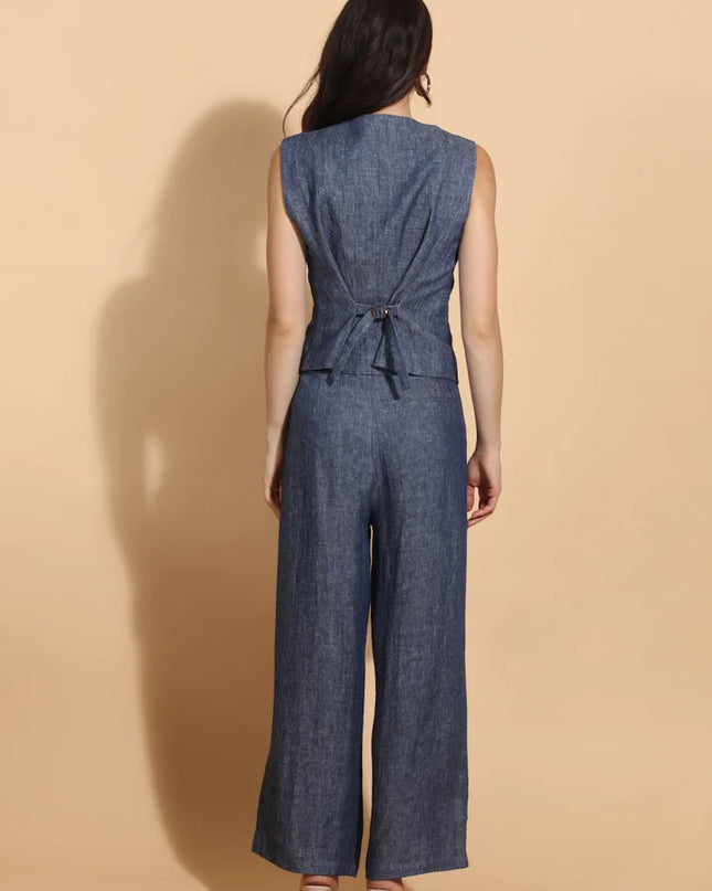 Indigo Linen Twill Vest With Adjustable Waist