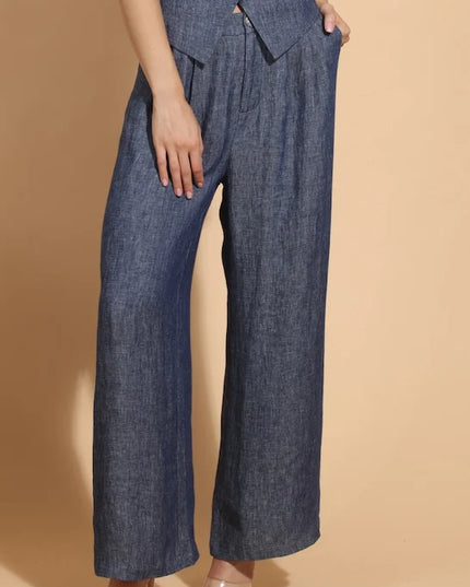 Indigo Linen Twill Wide Leg Pants