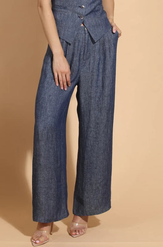 Indigo Linen Twill Wide Leg Pants