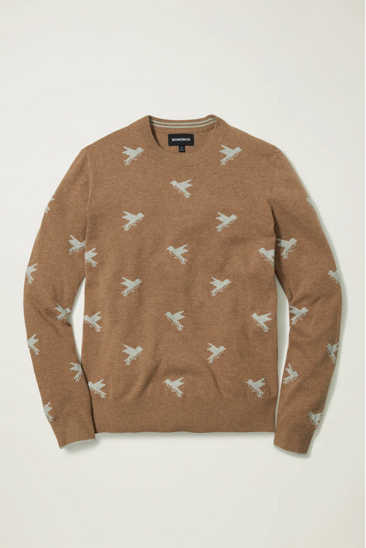 Bonobos All-Birds men's wool blend sweater. Limited edition birds sweater. Available at Rustic Chic Boutique Mackinac Island, Michigan