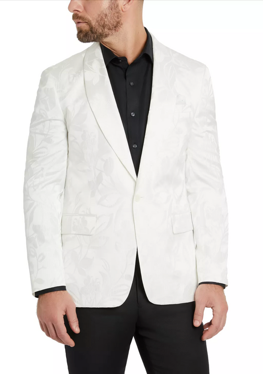 White Jacquard Floral Print Men's sports jacket; Men's blazer, sport coat; dinner jacket. Mackinac Island boutique