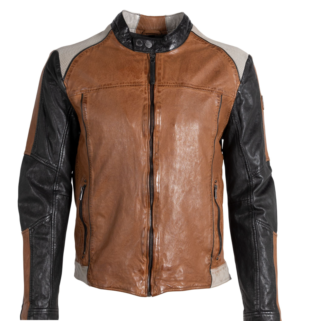 Mauritius Leather jacket. Men's moto-style leather jacket. Two-toned leather coat. Mackinac Island clothing store