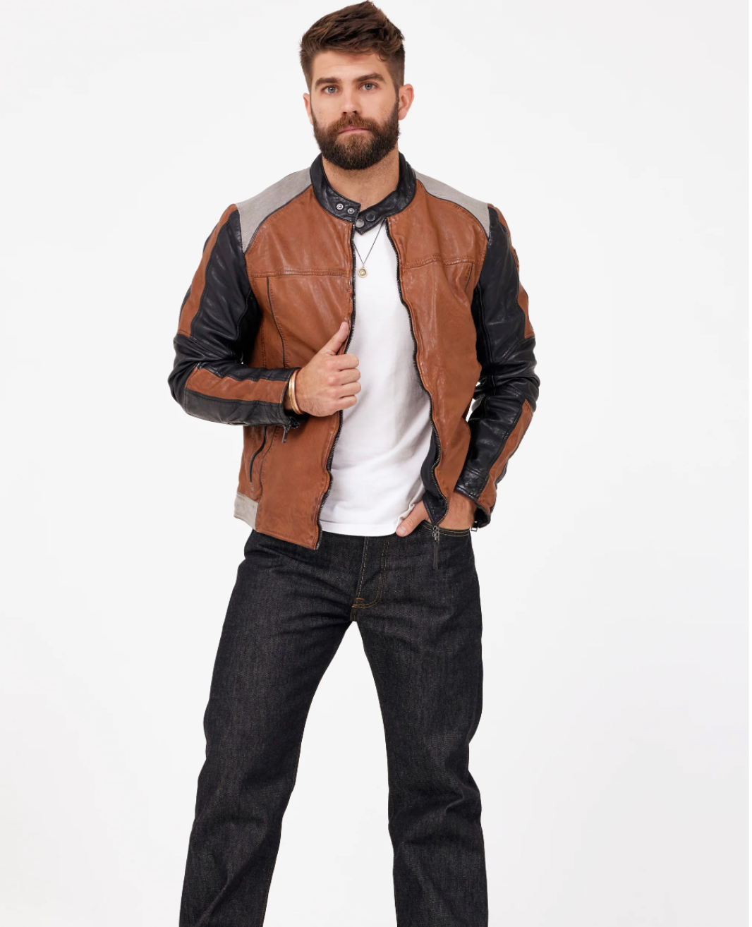 Mauritius Leather jacket. Men's moto-style leather jacket. Two-toned leather coat. Mackinac Island clothing store