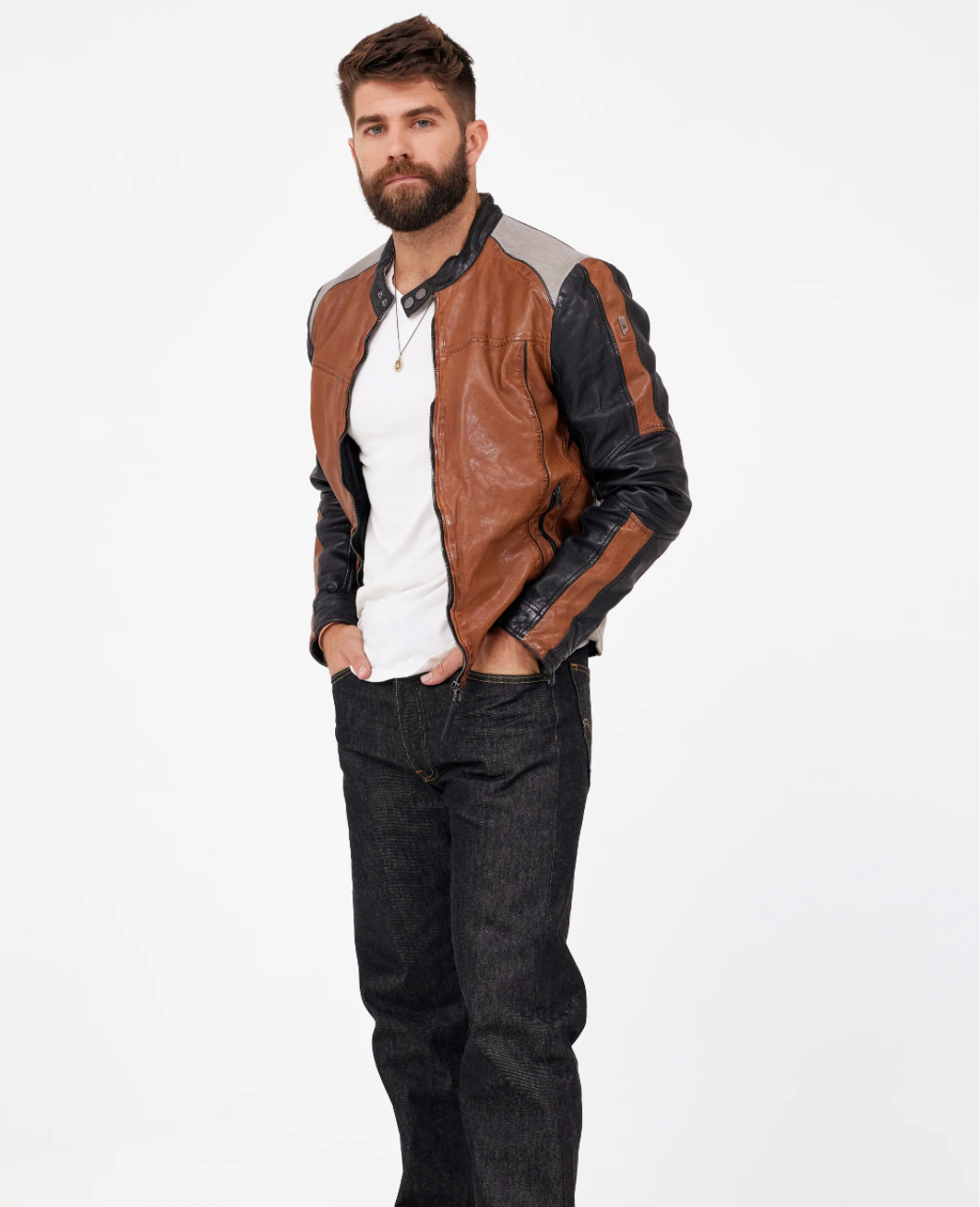 Mauritius Leather jacket. Men's moto-style leather jacket. Two-toned leather coat. Mackinac Island clothing store