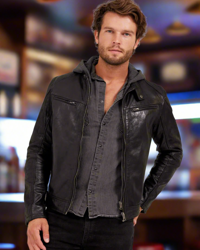 Mauritius Leather jacket. German-made menswear staple, embraced for 30 years. Now in the US, our lambskin leather jacket offers a 'muscle' fit, versatility, and timeless style. Featured at Rustic Chic Boutique Mackinac Island