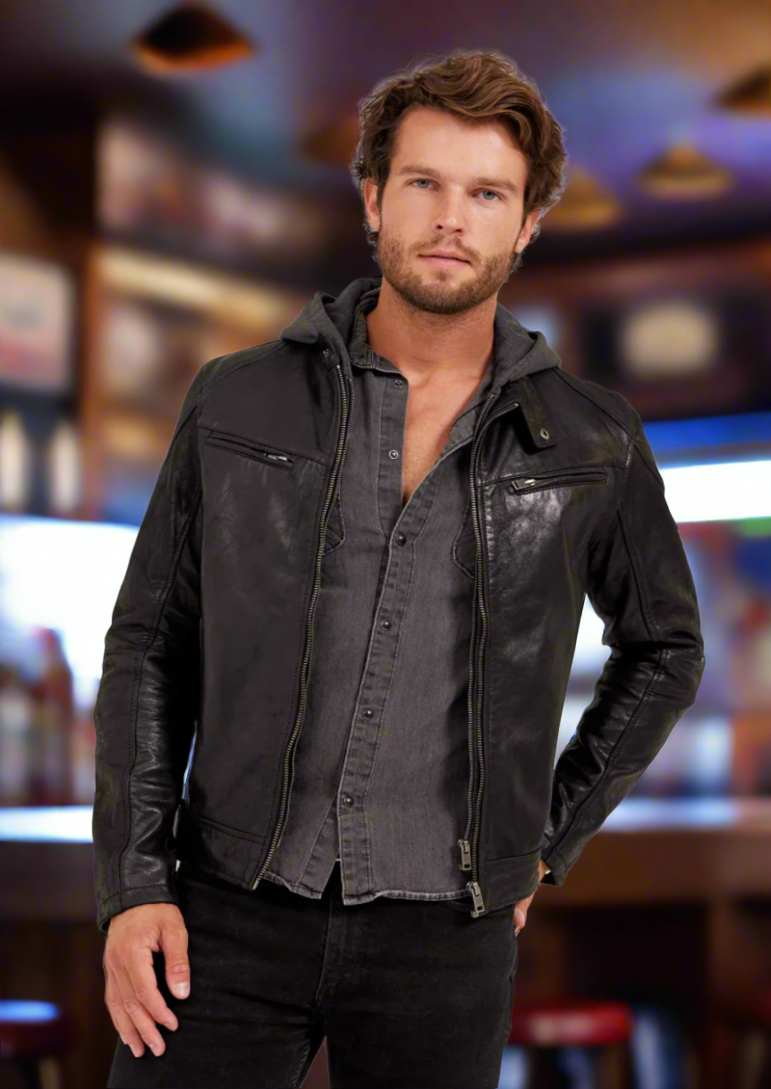 Mauritius Leather jacket. German-made menswear staple, embraced for 30 years. Now in the US, our lambskin leather jacket offers a 'muscle' fit, versatility, and timeless style. Featured at Rustic Chic Boutique Mackinac Island