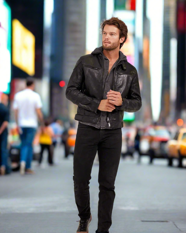 Mauritius Leather jacket. German-made menswear staple, embraced for 30 years. Now in the US, our lambskin leather jacket offers a 'muscle' fit, versatility, and timeless style. Featured at Rustic Chic Boutique Mackinac Island