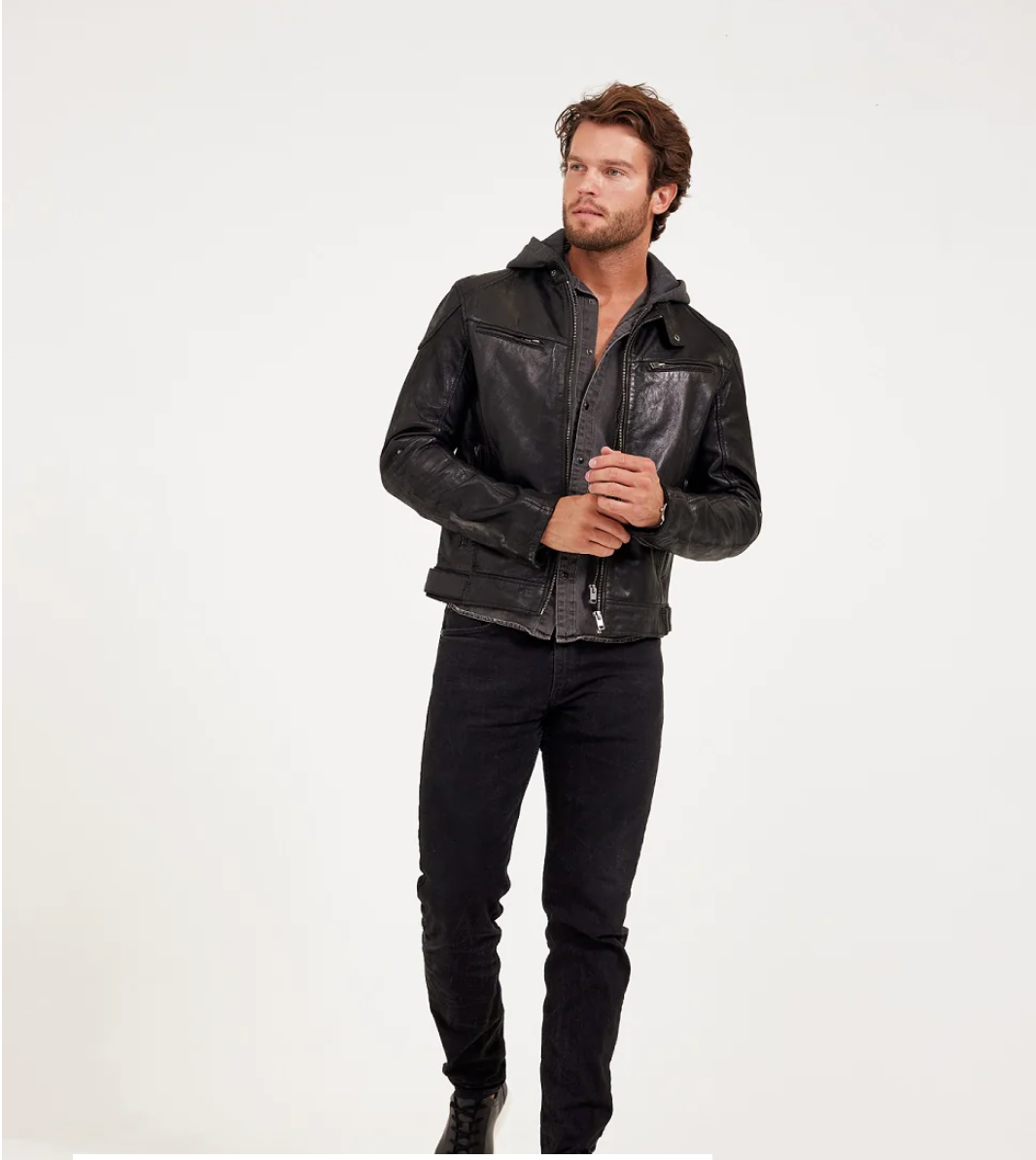Mauritius Leather jacket. German-made menswear staple, embraced for 30 years. Now in the US, our lambskin leather jacket offers a 'muscle' fit, versatility, and timeless style. Featured at Rustic Chic Boutique Mackinac Island