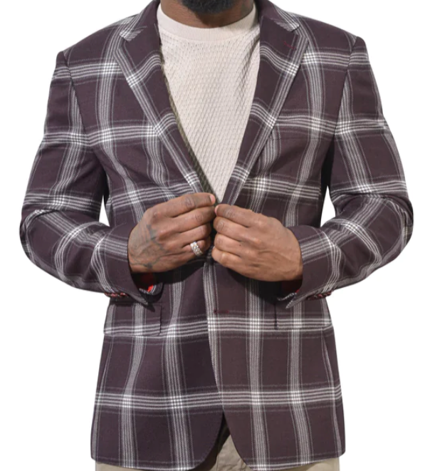 7 Downie St. Burgundy plaid sport coat, men's blazer. At Rustic Chic Boutique Mackinac Island, Michigan.