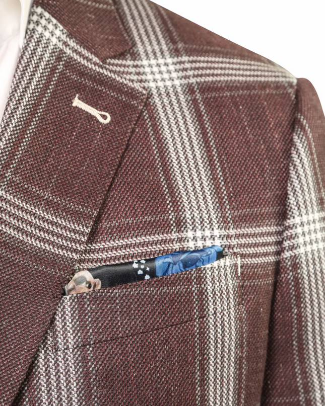 7 Downie St. Burgundy plaid sport coat, men's blazer. At Rustic Chic Boutique Mackinac Island, Michigan.