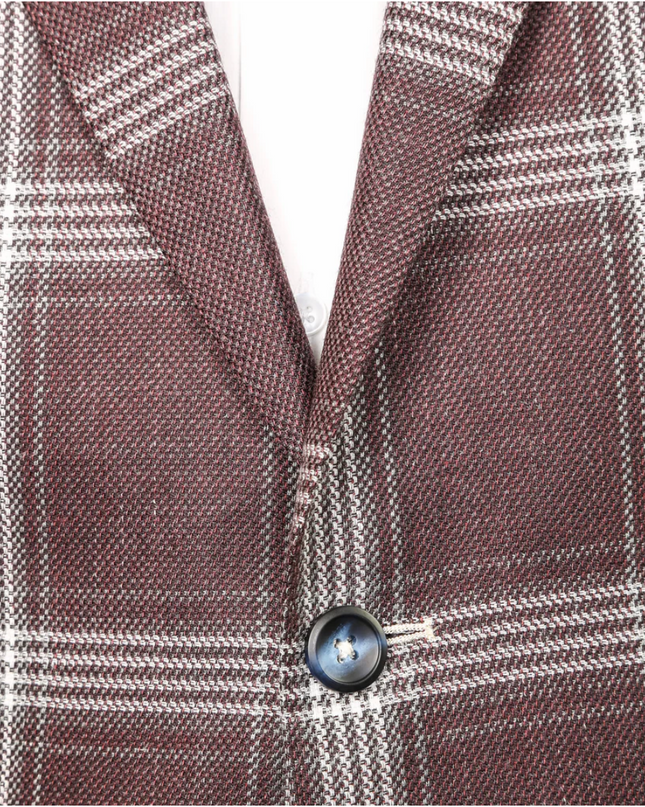 7 Downie St. Burgundy plaid sport coat, men's blazer. At Rustic Chic Boutique Mackinac Island, Michigan.