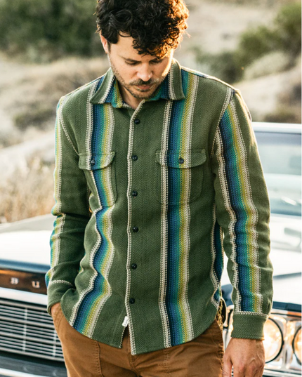 Hiroshi Kato overshirt. Loose woven Striped fabric. Inspired by the classic and rugged double pocket vintage workwear shirt. Shirt jacket, shacket. Made in USA. 100% Cotton