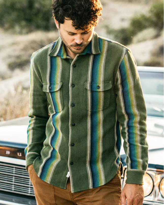 Hiroshi Kato overshirt. Loose woven Striped fabric. Inspired by the classic and rugged double pocket vintage workwear shirt. Shirt jacket, shacket. Made in USA. 100% Cotton