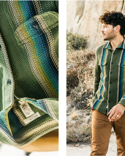 Hiroshi Kato overshirt. Loose woven Striped fabric. Inspired by the classic and rugged double pocket vintage workwear shirt. Shirt jacket, shacket. Made in USA. 100% Cotton