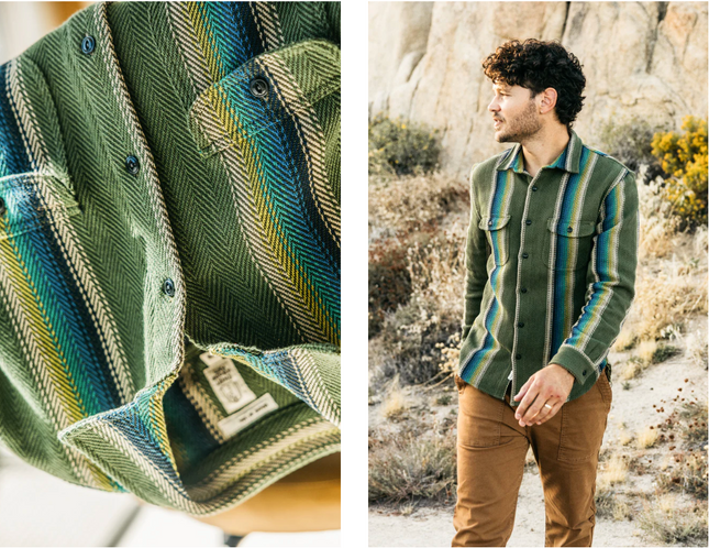 Hiroshi Kato overshirt. Loose woven Striped fabric. Inspired by the classic and rugged double pocket vintage workwear shirt. Shirt jacket, shacket. Made in USA. 100% Cotton