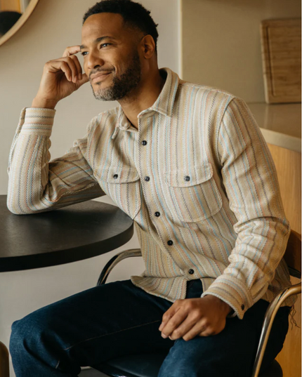Hiroshi Kato overshirt. Loose woven Striped fabric. Inspired by the classic and rugged double pocket vintage workwear shirt. Shirt jacket, shacket. Made in USA. 100% Cotton 