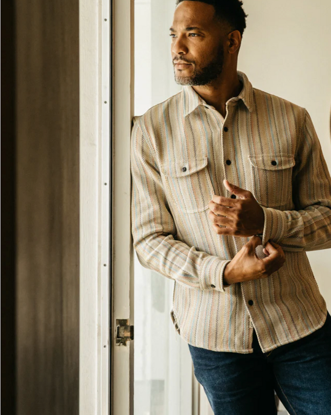 Hiroshi Kato overshirt. Loose woven Striped fabric. Inspired by the classic and rugged double pocket vintage workwear shirt. Shirt jacket, shacket. Made in USA. 100% Cotton