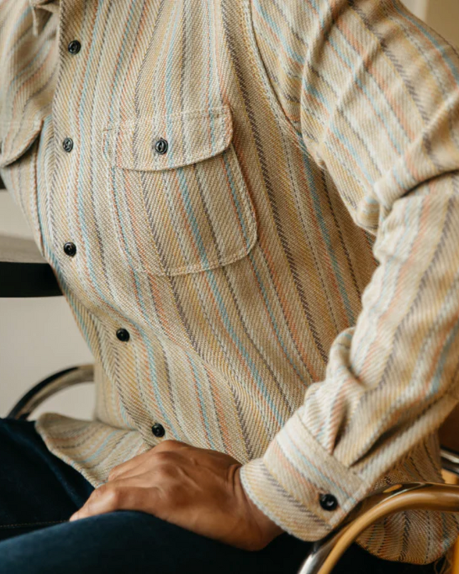 Hiroshi Kato overshirt. Loose woven Striped fabric. Inspired by the classic and rugged double pocket vintage workwear shirt. Shirt jacket, shacket. Made in USA. 100% Cotton