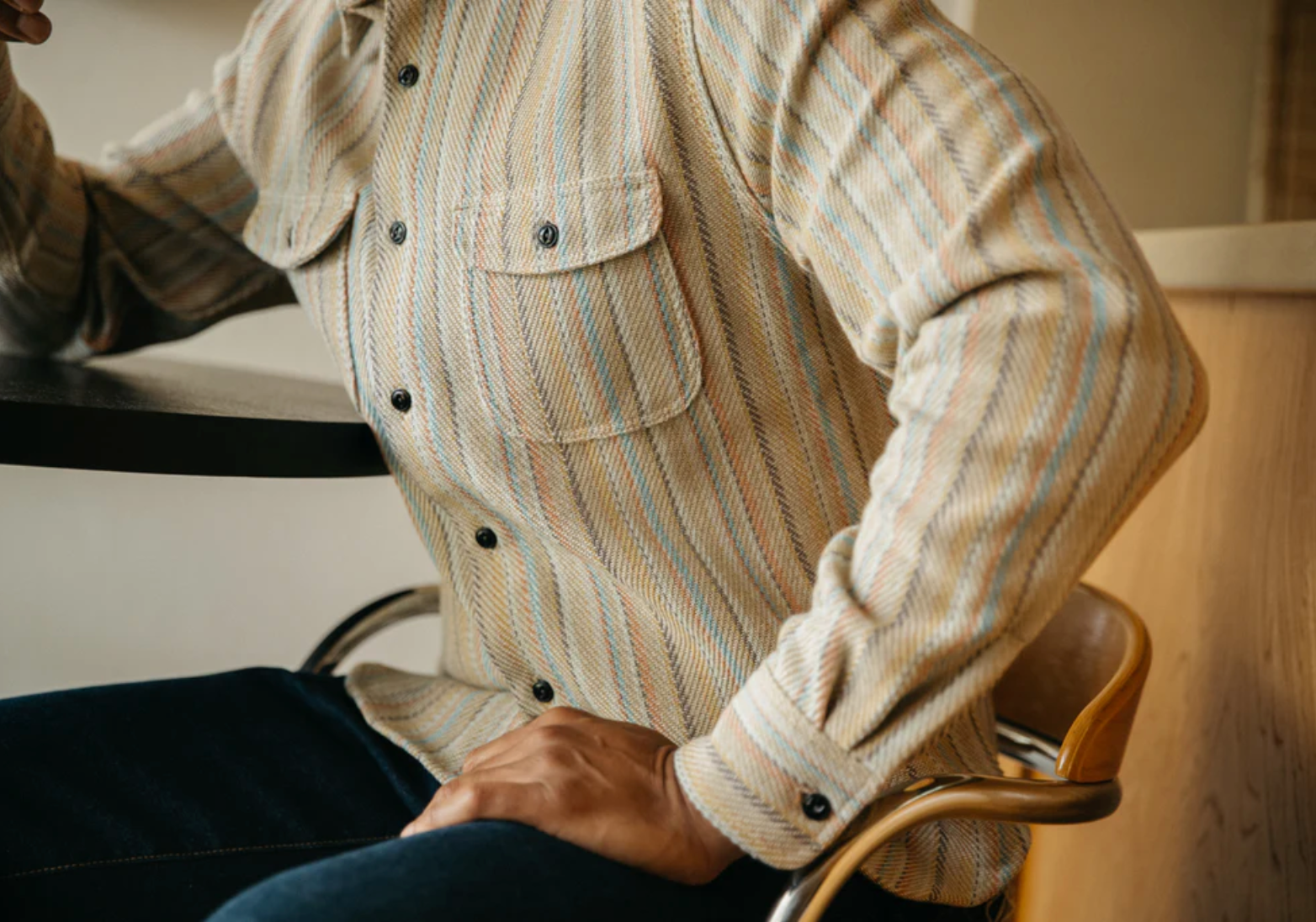 Hiroshi Kato overshirt. Loose woven Striped fabric. Inspired by the classic and rugged double pocket vintage workwear shirt. Shirt jacket, shacket. Made in USA. 100% Cotton