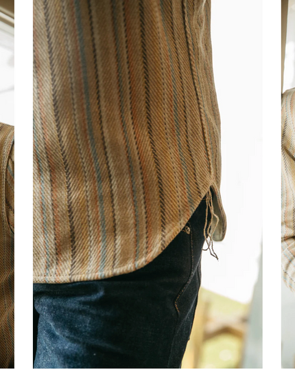 Hiroshi Kato overshirt. Loose woven Striped fabric. Inspired by the classic and rugged double pocket vintage workwear shirt. Shirt jacket, shacket. Made in USA. 100% Cotton