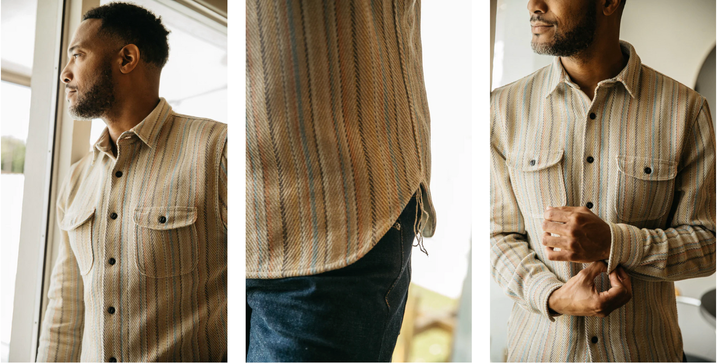 Hiroshi Kato overshirt. Loose woven Striped fabric. Inspired by the classic and rugged double pocket vintage workwear shirt. Shirt jacket, shacket. Made in USA. 100% Cotton