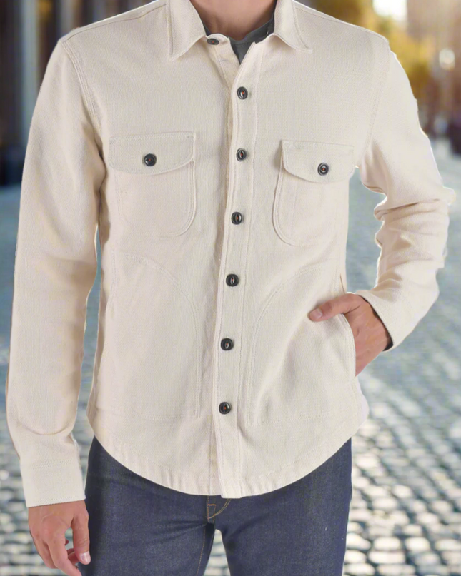 Hiroshi Kato overshirt. Inspired by the classic and rugged double pocket vintage workwear shirt. Shirt jacket, shacket. Made in USA
