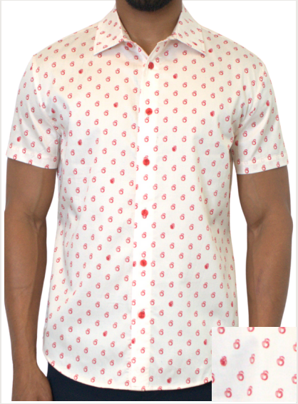 CRWTH clothing brand; big red apples. Classic short sleeve button down. 
