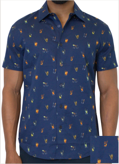 Cocktail hour night background. Classic short sleeve button down shirt. 100% Cotton