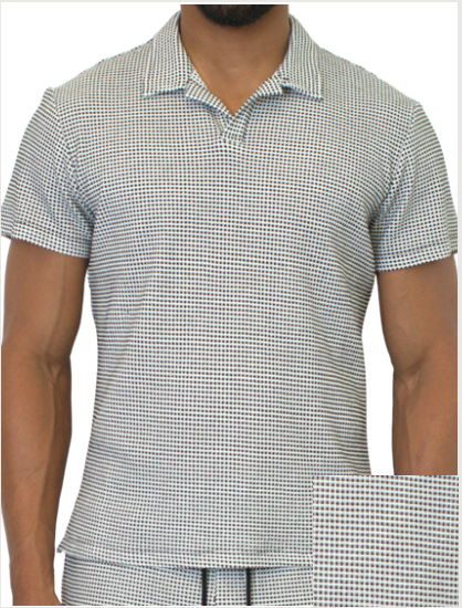 This black and white short sleeve polo features a smart collar and a unique waffle texture for added sophistication. CRWTH clothing brand