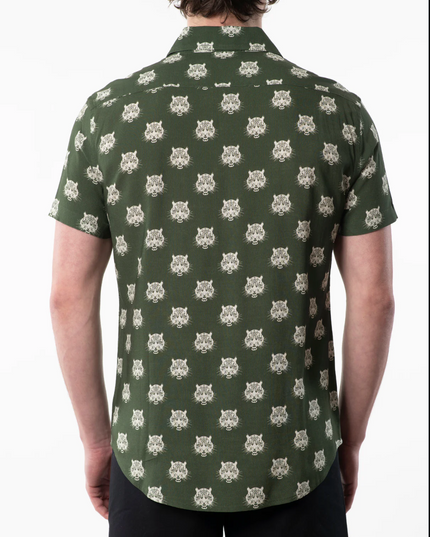 This short sleeve shirt, featuring an all-around tiger head print on lightweight fabric for a fierce yet cozy fit. 100% Cotton. CRWTH clothing brand