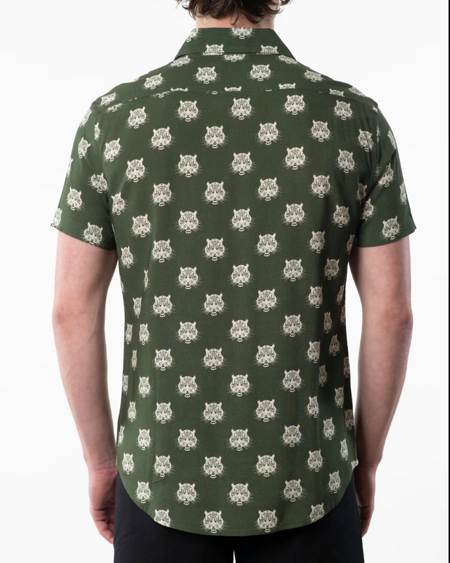 This short sleeve shirt, featuring an all-around tiger head print on lightweight fabric for a fierce yet cozy fit. 100% Cotton. CRWTH clothing brand