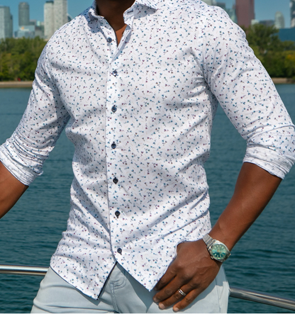 Premium White Sport Shirt w/ Small Floral Pattern