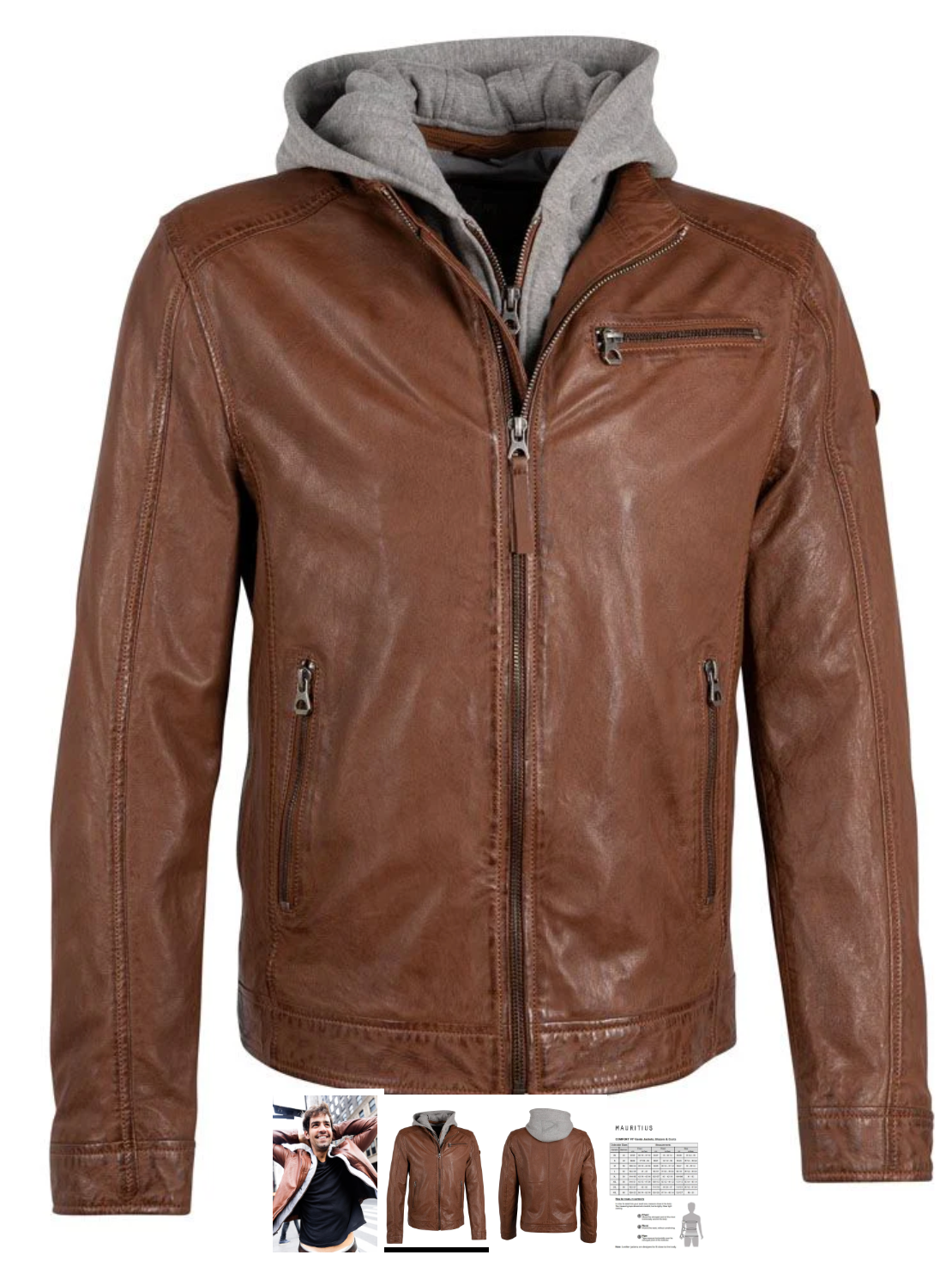 Cognac Leather Jacket w/ Removable Hoodie