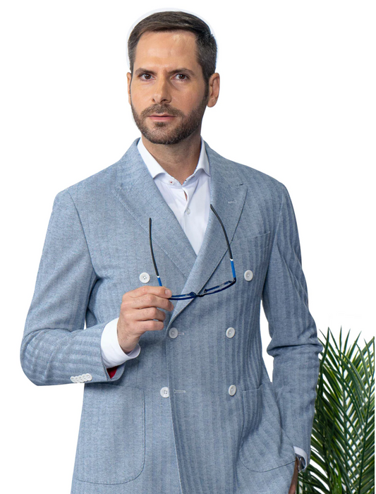 Dorval Blue Double Breasted Cotton Stretch Blazer